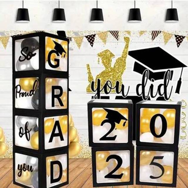 SHEIN 2025 Graduation Decoration Party Supplies, 4 Black Balloon Boxes Suitable For Graduation Parties, With The Letters &#34;GRAD 2025 Class Of 2025 Graduation
