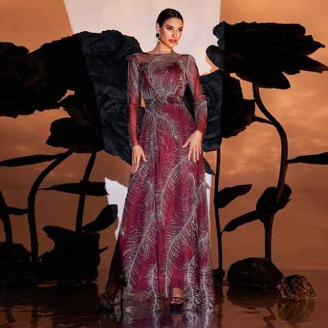 SHEIN Burgundy Long Sleeve Rhinestone Decor Maxi Formal Dress, Party Dress, Gown, For Evening, Wedding Guest