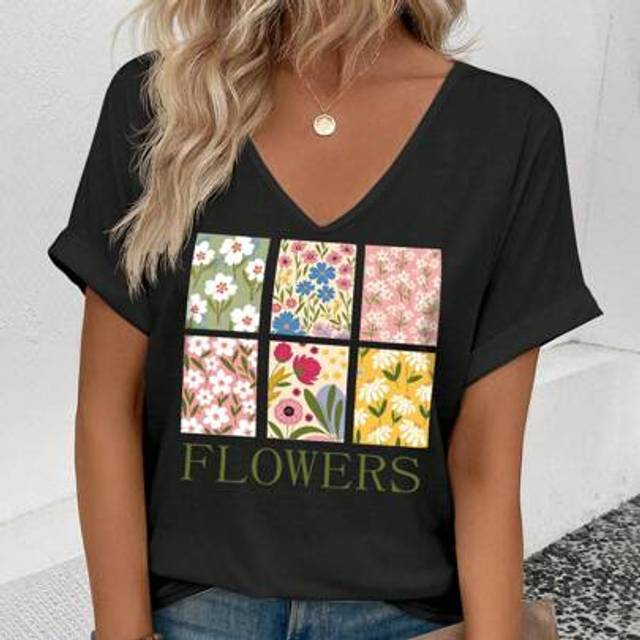 SHEIN Women&#39;s V-Neck Floral Print Loose Casual T-Shirt, Best Seller