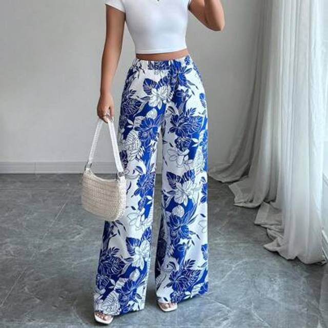 Elenzga Women&#39;s Casual Loose Elegant Multi-Element Print Elastic Waist Wide Leg Straight Pants, Summer