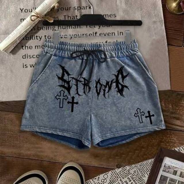 SHEIN Cotton Personalized Letter Cross Pattern Summer Women&#39;s Fun Shorts Print Regular Fashion Niche Snowflake Washed Shorts Women&#39;s Front Pocket Simple Sho