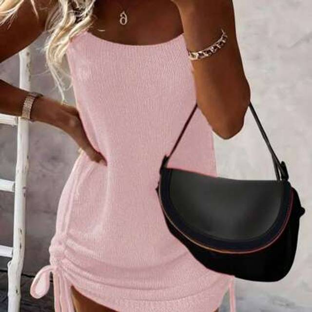 SHEIN Solid Color Ruched Side Drawstring Summer Casual Sleeveless Knit Dress