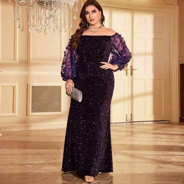 SHEIN Plus Size Women Off Shoulder Mesh Long Sleeve Sequin Patchwork Fishtail Hem Glamorous Dress (Heavy Duty), Elegant Formal Evening Prom Gown, For Weddin
