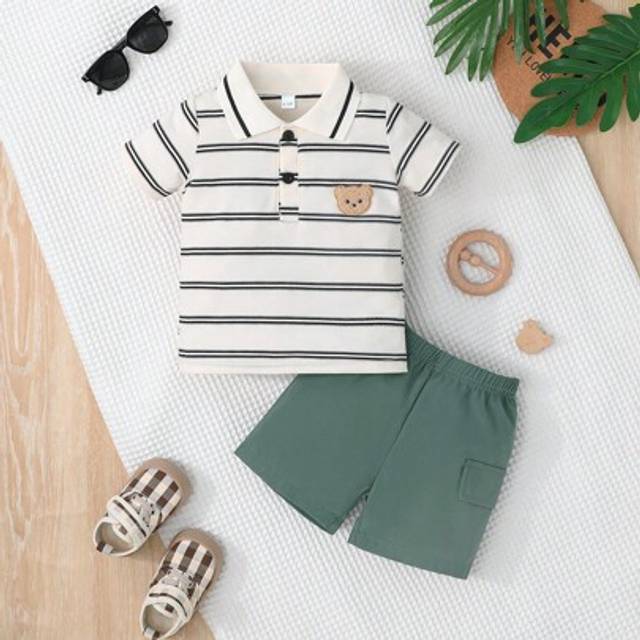 SHEIN 2pcs Set Summer Baby Boy Cute Bear & Stripe Pattern Shirt + Fake Pocket Shorts Set, Casual & Adorable For Outdoor
