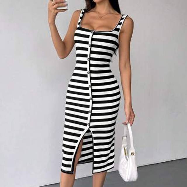 Flirla Striped Print Button Front Split Hem Sleeveless Bodycon Dress For Summer Maxi Women Outfit
