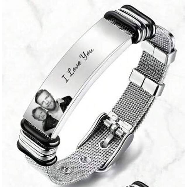 SHEIN 1pc Custom Engraved Stainless Steel Bracelet: Personalized Photo & Text | Silver Or Black | Men&#39;s Gift For Him, Boyfriend, Husband, Dad, Father | Best