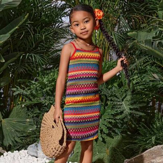 SHEIN SLAYR KIDS Young Girl Cute Geometric Knit Jacquard Sundress For Summer Holiday Mommy And Me Matching Outfits(3 Pieces Are Sold Separately)