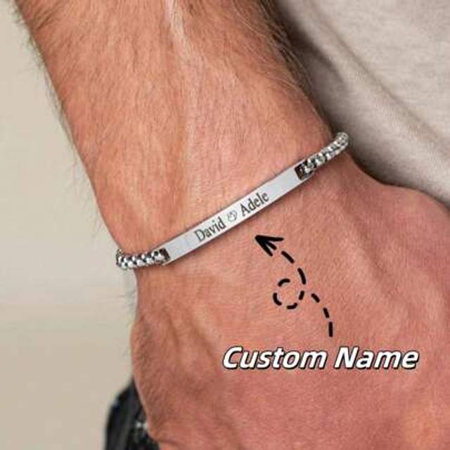 SHEIN Customized Engraved Stainless Steel Men&#39;s Curved Name Bracelet, 19+5cm Personalized Name Bracelet, Gift For Boyfriend, Couple Customized Name Bracelet