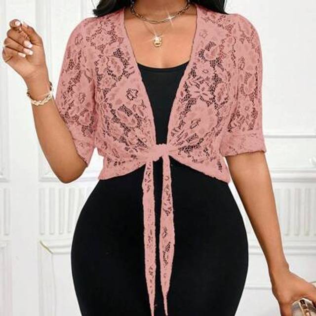 SHEIN Women&#39;s Elegant Floral Lace Tie Knot Short Bolero Jacket, Autumn