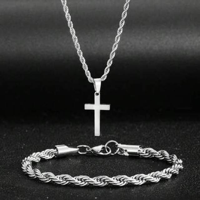 SHEIN 1set Kids Popular Hip Hop Stainless Steel Cross Pendant Rope Chain Necklace & Bracelet For Boys Girls Fashion Street Jewelry For Children Birthday Gif