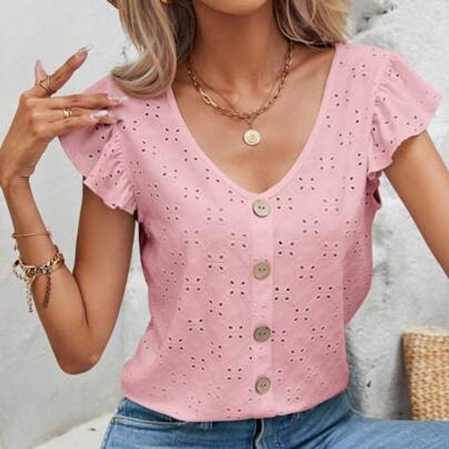 SHEIN Women&#39;s Solid Color Cap Sleeve V-Neck T-Shirt, Minimalist And Fashionable, Suitable For Summer