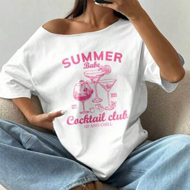 Flirla Women&#39;s Asymmetrical Neck Loose T-Shirt, Summer Cocktail Pink Print White Oversized Tee
