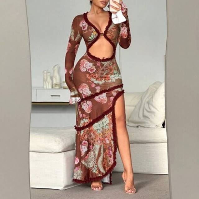 SHEIN Women&#39;s Floral Print Split Thigh Hollow-Out Bodycon Sexy Maxi Dress