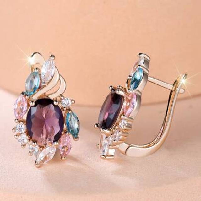 SHEIN 1 Pair Luxurious Elegant Purple Oval Shape Cubic Zirconia Women Hoop Earrings, Gift For Engagement, Wedding, Birthday, Festival,Anniversary, Party
