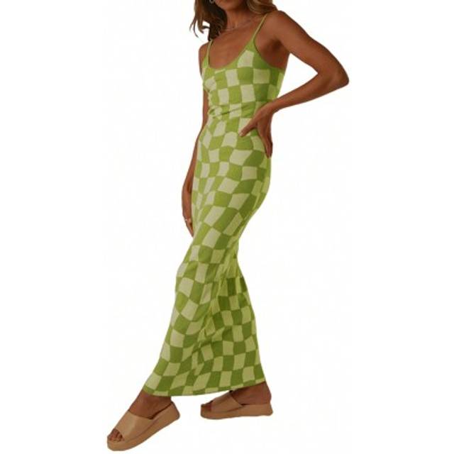 SHEIN Womens Summer Long Cocktail Dress Sleeveless Checkerboard Print Spaghetti Strap Dress