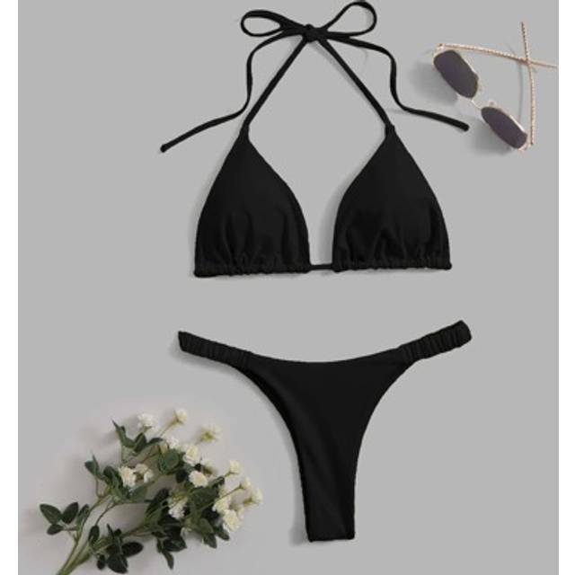 Swim Vcay Summer Beach Solid Bikini Set Halter Triangle Bra & Thong 2 Piece Bathing Suit