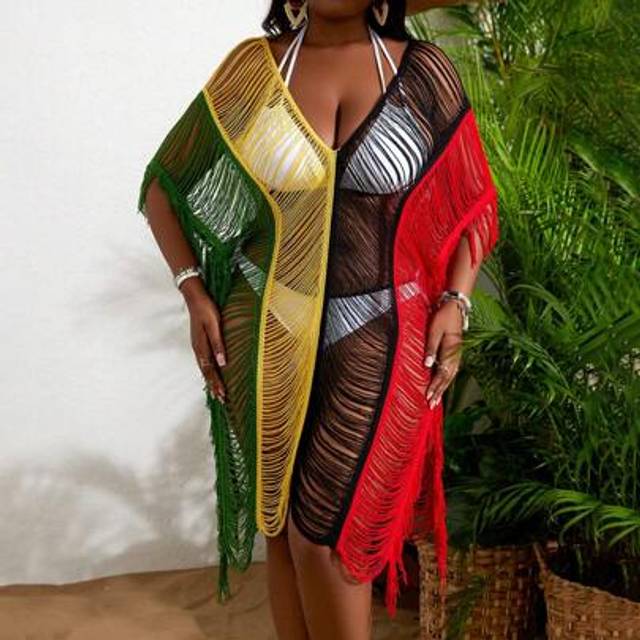 SHEIN Plus Size Women&#39;s Color Block Simple Daily Cover Up,Summer Beach