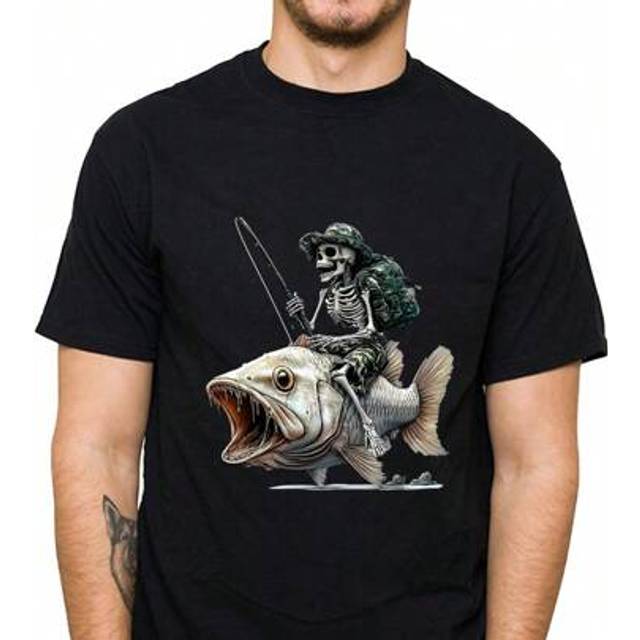 SHEIN Fashion Skeleton Fishing Printed Cotton T-Shirts Men Summer Casual Short Sleeved Tees Tops
