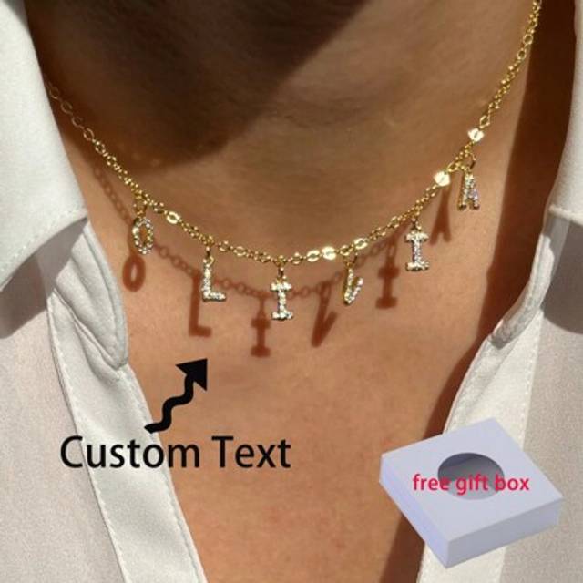 SHEIN Custom Pave Initials Name Necklace / Custom Initial Necklace / Personalized Name Necklace / Gift For Woman / Dainty Letter Pave Necklace Silver Stylis