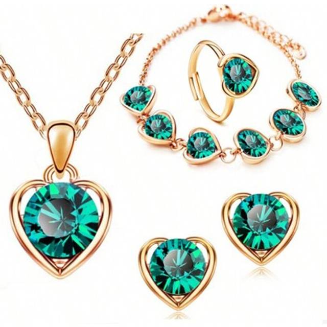 SHEIN Fashionable Cubic Zirconia Heart Bracelet, Necklace, Earrings, And Ring Set, Minimalist And Versatile Jewelry