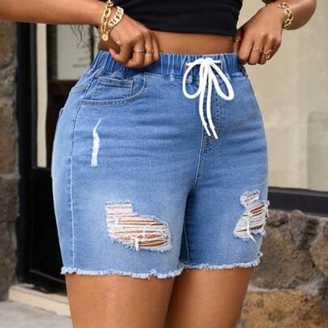 SHEIN Plus Size Abstract Ripped Elastic Waist Pocket Vintage Casual Denim Shorts