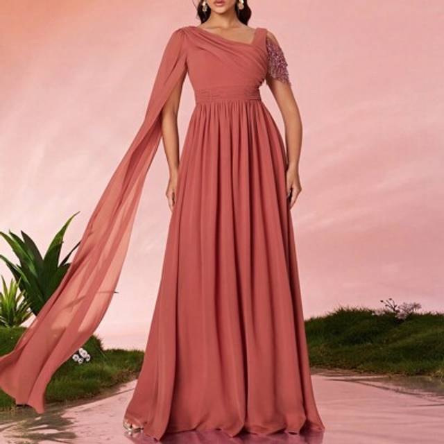 SHEIN Mgiacy Asymmetrical Shoulder Pearl Chiffon One Shoulder Sequin Lace Trim High-End Evening Dress,Party Dress,Gown,Formal,Wedding Guest