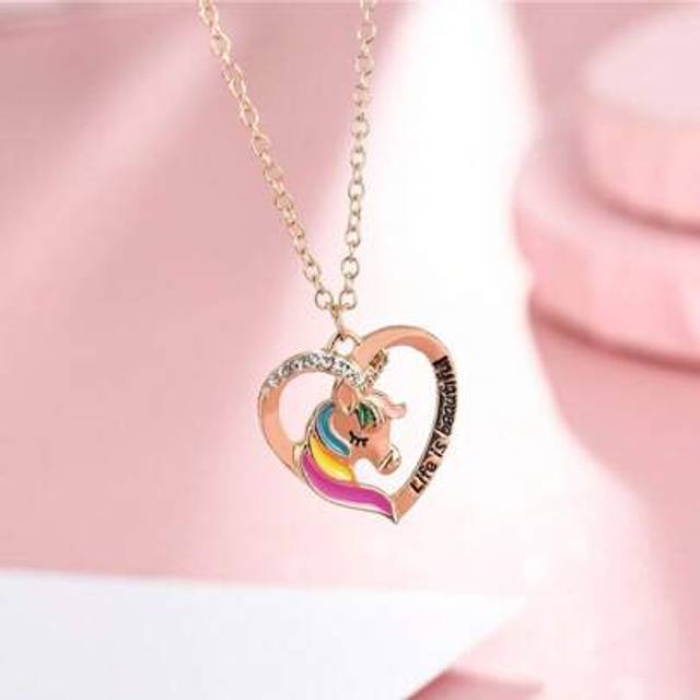 SHEIN 1pc Girls Unicorn Zinc Alloy Oil Drop Heart Shaped Fashionable Necklace