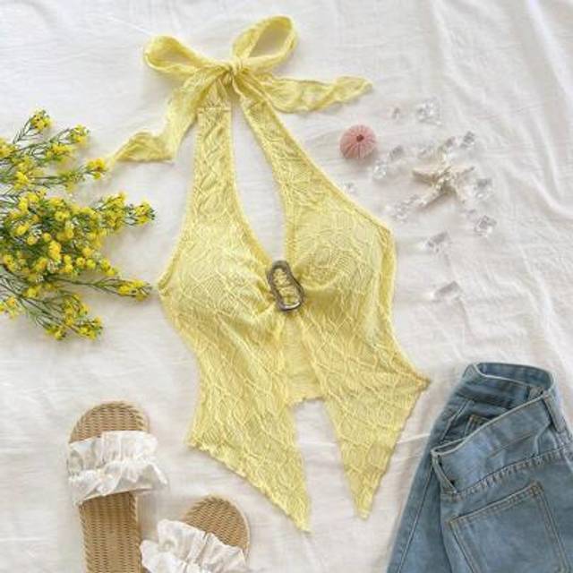 Soleia Casual Halter Tie-Up Metal Buckle Fitted Asymmetric Hem Tank Top, Yellow Jacquard Fabric, Suitable For Resort, Summer, Music Festival, Party