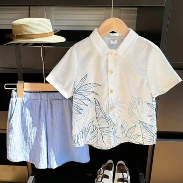 SHEIN 2pcs/Set Young Boys Casual Daily Versatile Cute Plant Graphic Hawaiian Collar Short Sleeve Shirt And Shorts Set, Suitable For Spring/Summer, Daily, Sp