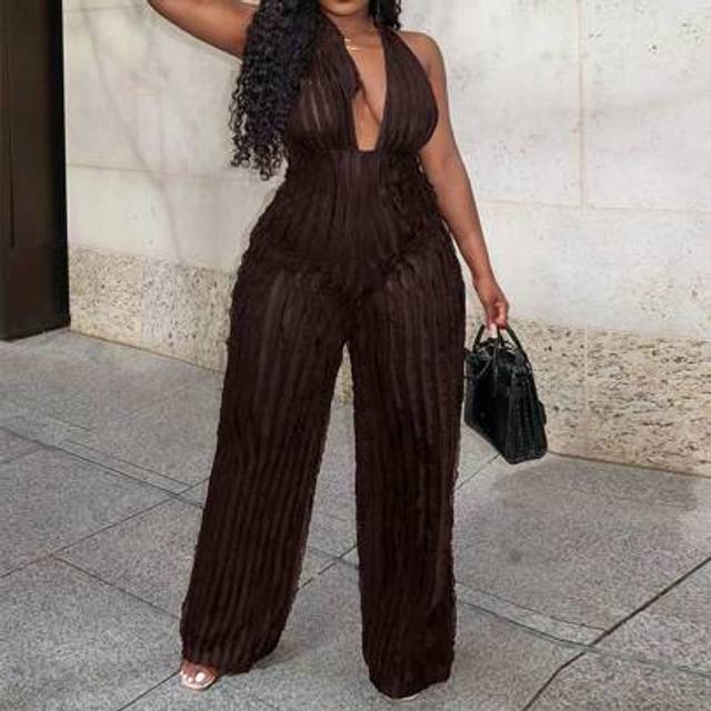 Slaydiva Sexy And Elegant Halterneck Strapless Backless Straight Trousers Cow Louver Fabric Jumpsuit