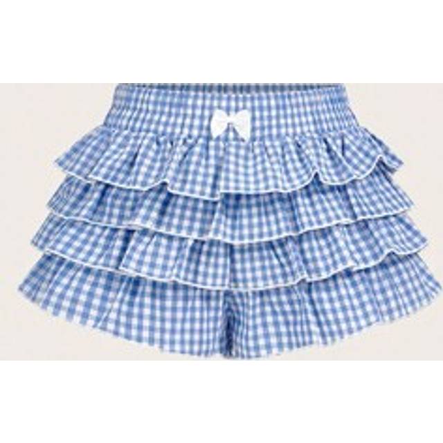 SHEIN Plus Size  Casual Low-Waist Plaid Bodycon Ruffled Women&#39;s Ultra-Short Shorts Back To School Clothes Women Blue And White Boxer Shorts Simple Daily