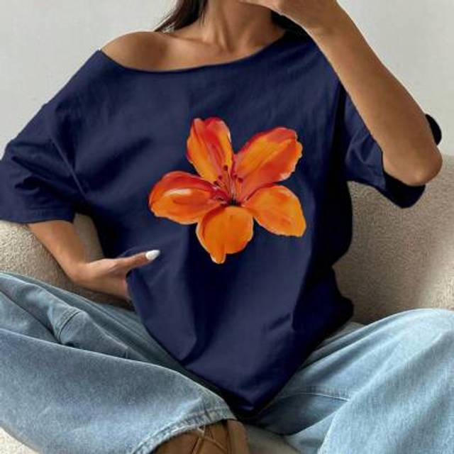 SHEIN Women&#39;s Loose Floral Hibiscus Off Shoulder Short Sleeve T-Shirt, Oversized, Navy Blue