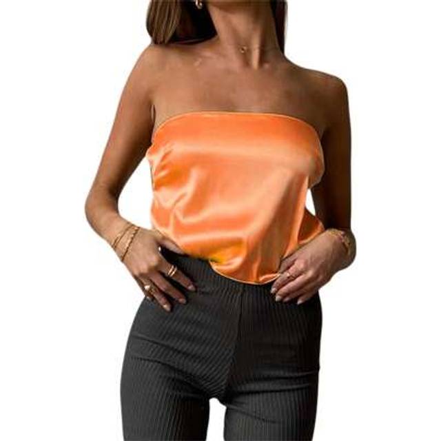 SHEIN Women Strapless Stain Tube Top Low Cut Backless CamisoleTops Solid Color Boat Neck Vest E Girl Casual Y2K Streetwear