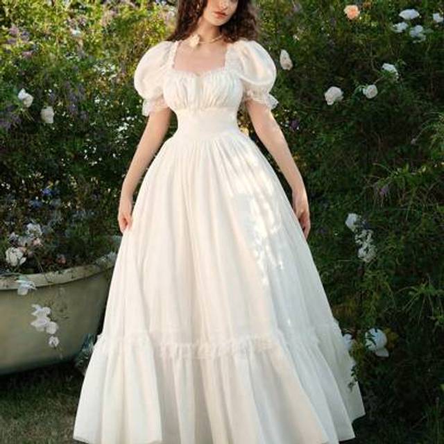 SHEIN White Maxi Lace Ruffled Victorian Vintage Dress, Party Dress, Prom Dress, Exquisite Craftsmanship,White Graduation Dress