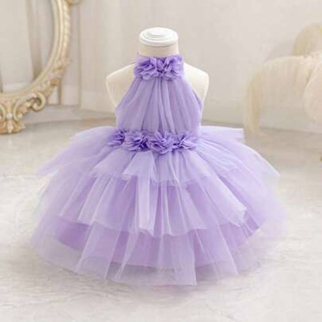 SHEIN Baby Girls Floral 3D Mesh Purple Elegant Princess Dress, Suitable For Baby&#39;s 1st Birthday, Wedding, Party, Holiday Celebration, Formal Occasion