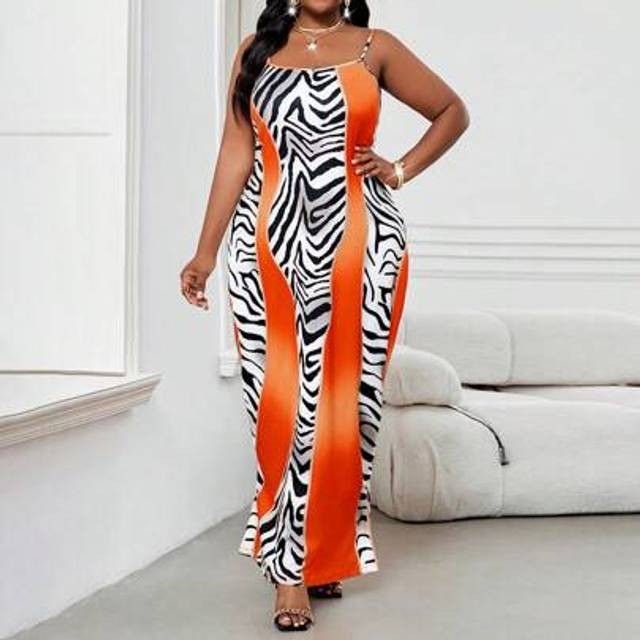 SHEIN Spring And Summer Elegant Commuting Office Casual Boho Casual Outing Colorful Knitted Spaghetti Strap V Neck Ball Gown Long Sleeveless Plus Size Dress