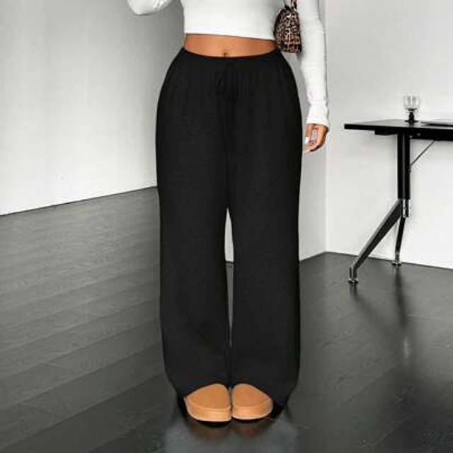SHEIN Plus Size Casual / Home Knit Drawstring Loose Straight-Leg Pants