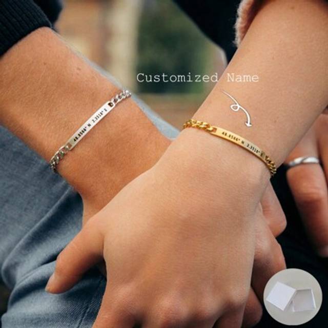 SHEIN 1pc Customized Couples Name Chain Bracelet, Personalized Stainless Steel Chain Couples Bracelets, Minimalist Engraved Name Unisex Wristbands, Couples