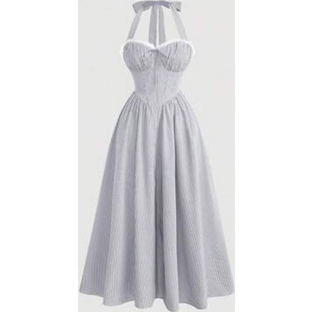 SHEIN Women&#39;s Striped Print Pleated Waist Elegant Suspender Midi Dress, Women&#39;s Resort Wear, Women&#39;s Summer Wear, Beach Resort Wear, Women&#39;s Boho Dress, Vac