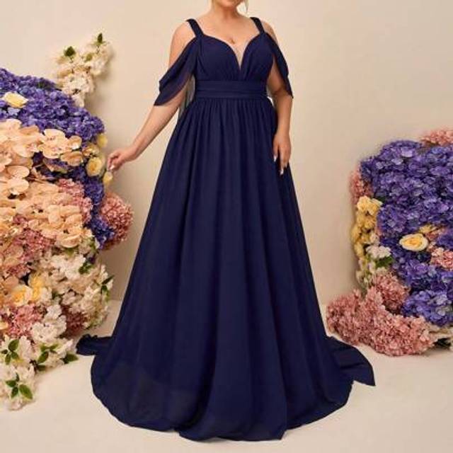 SHEIN Plus Size Elegant Solid Color Open Shoulder Bridesmaid Dress