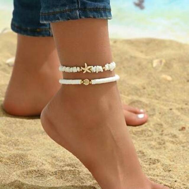 SHEIN 2pcs/Set Handmade Beaded Seashell, Turquoise, Starfish Anklet, Summer Beachy Ocean Style Metal Jewelry For Women, Suitable For Everyday Wear, Beach, P