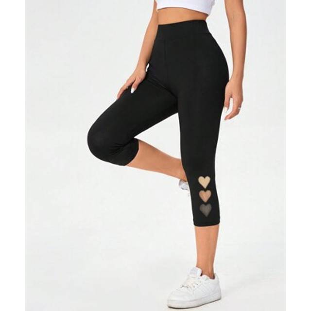SHEIN Heart Pattern Print Casual Knit Cropped Skinny Leggings For Women, Summer