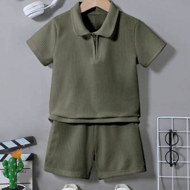 SHEIN 2pcs/Set Young Boy Casual Ribbed Half-Zip Sweatshirt And Shorts Set, Versatile For Summer, Outdoor, Any Occasions, Minimalist & Comfortable