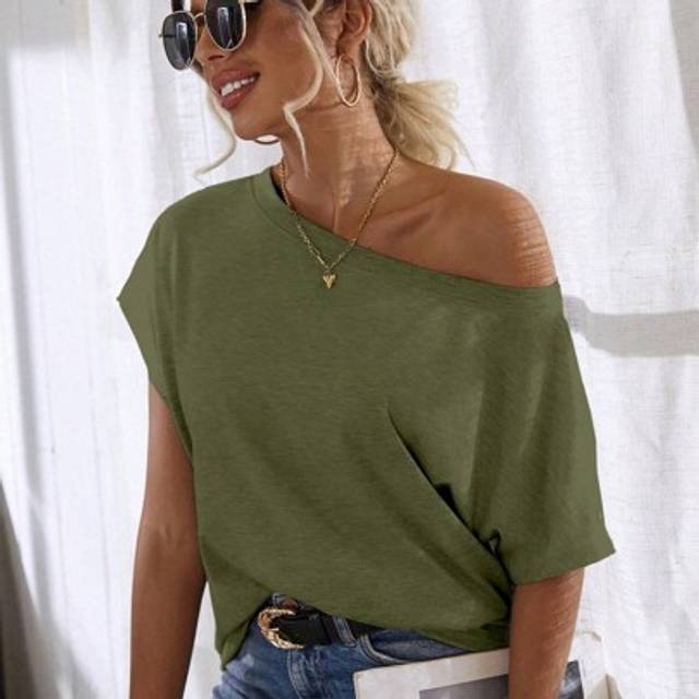 SHEIN Women Plain Color Oblique Shoulder Short Sleeve Casual Blouse
