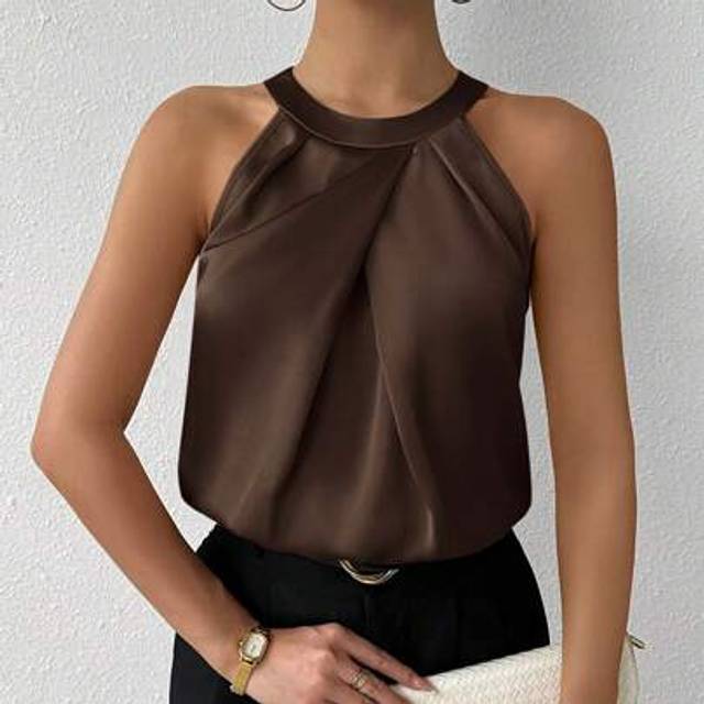 SHEIN Women&#39;s Simple Elegant Office Sleeveless Champagne Color Solid Crepe Ruched Neck Blouse, Commuter Daily Wear
