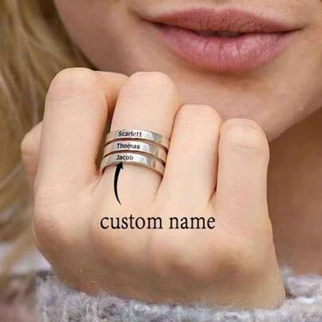 SHEIN Silver Custom Engraved Double Name Ring Couple Hollow Stainless Steel Opening Adjustable Ring Valentine&#39;s Day Gift Valentines,Silver,Stylish,Colorful,
