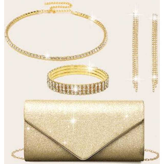 SHEIN LETODE 4 Pieces Rhinestone Jewelry Shiny Necklace Earrings Bracelet Set Elegant High-End Glitter V-Shaped Flap Evening Bag Glitter Envelope Clutch Gli