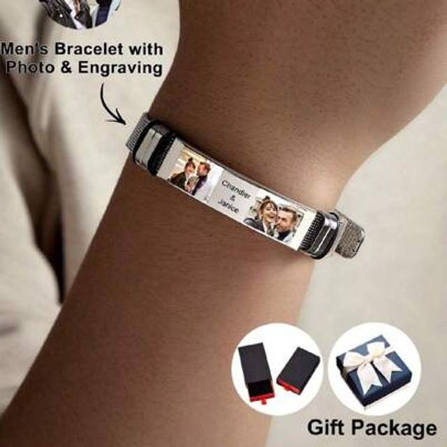 SHEIN 1PC Custom Photo Engraved Name Bracelet, Custom Photo Bracelet With Name, Custom Photo & Name Bracelet For Men, Personalized Jewelry Gifts For Father,