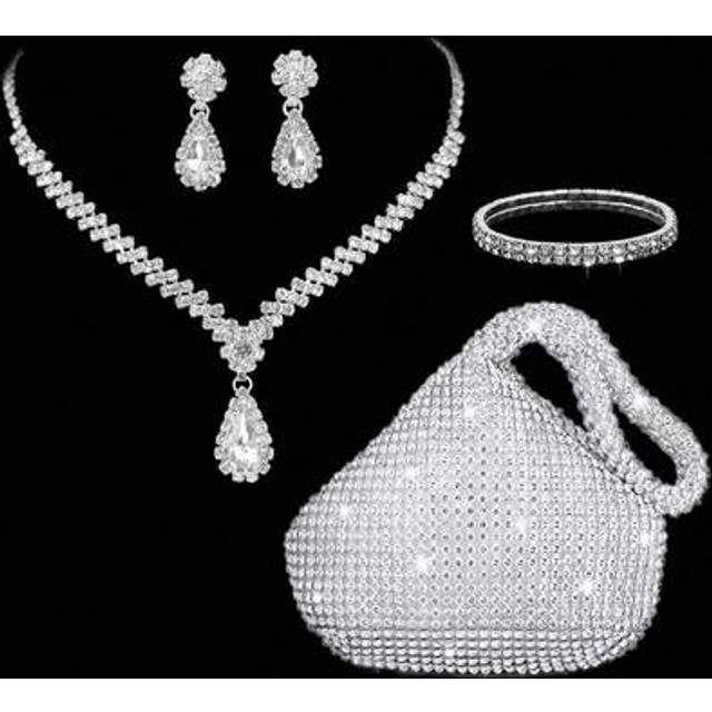 SHEIN Women&#39;s Fashion Crystal Embellished Handbag & Luxury Crystal Necklace, Earrings, Bracelet 4pcs Jewelry Set For Party, Tready Party Bags,Perfect For Pa