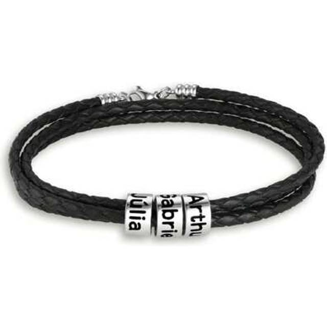 SHEIN Personalized Men Bracelets Customized Stainless Steel Name Beads Leather Bracelets Gift For Fathers Day Gift Husband Family Name Bracelet Black, Brown